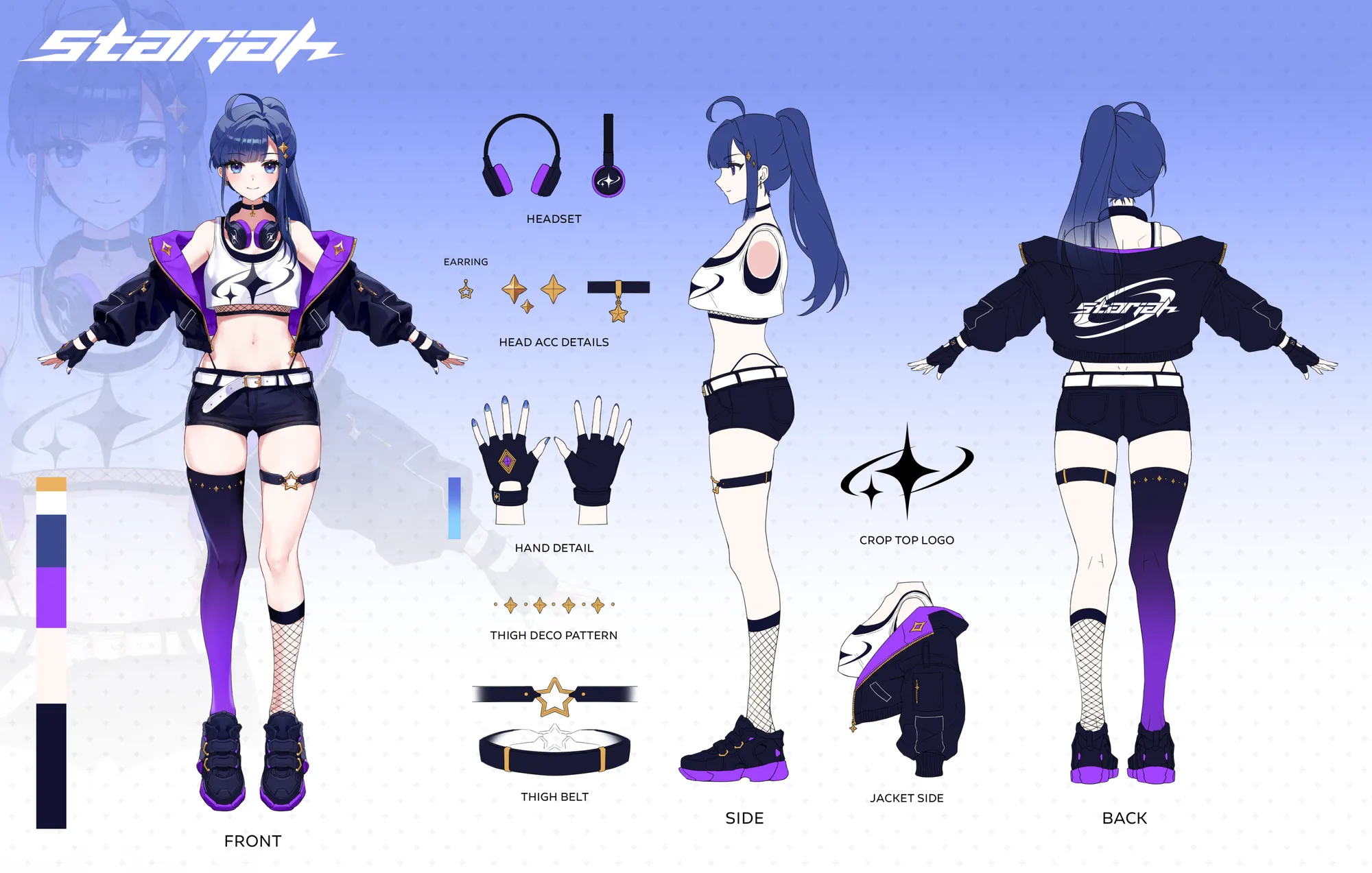 Stariah character reference sheet: front, side and back views, colours and details